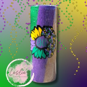 Sunflower Mardi Gras fleur de lis glitter skinny tumbler