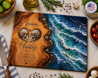 Tagliere in vetro personalizzato con motivo costiero, tagliere per salumi personalizzato in resina epossidica effetto oceano, regalo di nozze, regalo per l'inaugurazione della casa.