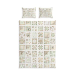 May include: A bedding set consisting of a rectangular quilt and two square pillow shams. The fabric features a grid pattern composed of various geometric shapes, including stars and pinwheels, in a colour palette of soft sage green and beige.