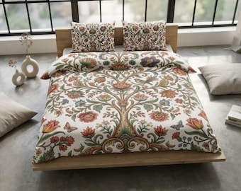 Cotton Bedding Set, Botanical Tree-And-Floral Duvet Cover with Hidden Zipper, 3 Sizes