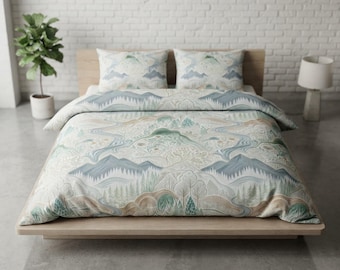 Cotton Duvet Cover, Mountain Landscape Bedding | Envelope-Backed Shams