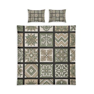 May include: A bedding set consisting of a duvet cover and two matching pillowcases, featuring a grid pattern of square tiles in shades of sage green, beige, and black, with various geometric, floral, and leaf motifs printed on each individual tile.