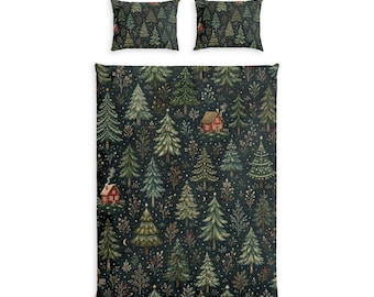 Cozy Forest Trees Cabin Cotton Bed Set | Woodland Pine Bedding
