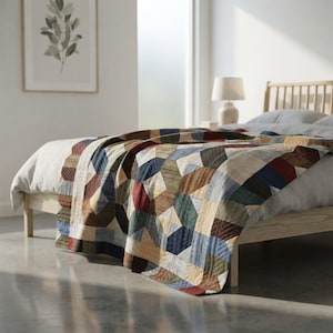 Quilted Throw, Geometric Patchwork Design in Muted Jewel Tones, 100% Polyester