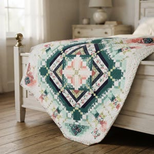 Kołdra bawełniana, patchwork z kwiatowym wzorem geometrycznym i lekkim szarym spodem