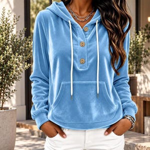 Vintage Women's Velour Hoodie, Button Front Pullover, Cozy Casual Sweatshirt, Soft Top Fit
