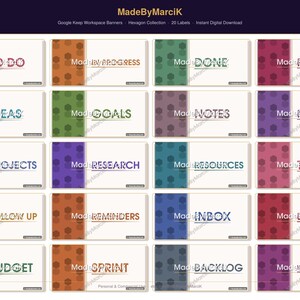 May include: A set of 20 digital workspace banners for Google Keep, featuring labels such as "To Do" and "Priorities." Each banner has a white background, a coloured hexagon pattern, and text. The collection is designed for digital use.