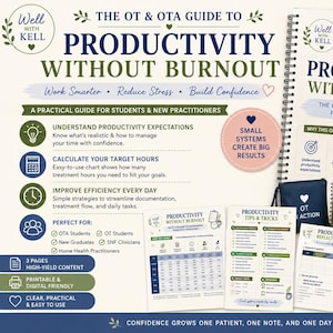 Puede incluir: Una guía encuadernada en espiral titulada The OT & OTA Guide to Productivity Without Burnout, que incluye hojas de trabajo impresas, una taza azul marino, una pequeña cesta de lona con herramientas, un estuche y un cuaderno verde.
