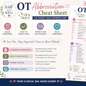 May include: An OT Abbreviation Cheat Sheet for OTA students, featuring a quick reference guide with six essential categories including documentation, assist levels, mobility, transfers, ROM, body regions, common diagnoses, and cognitive terms.