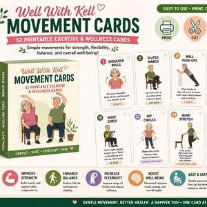 Könnte beinhalten: Well With Kell Movement Cards Set mit 52 druckbaren Übungs- und Wellnesskarten. Die Box und die Karten zeigen Illustrationen von Personen, die Bewegungen wie Schulterrollen, sitzendes Marschieren, Wandliegestütze und Bizepscurls ausführen.