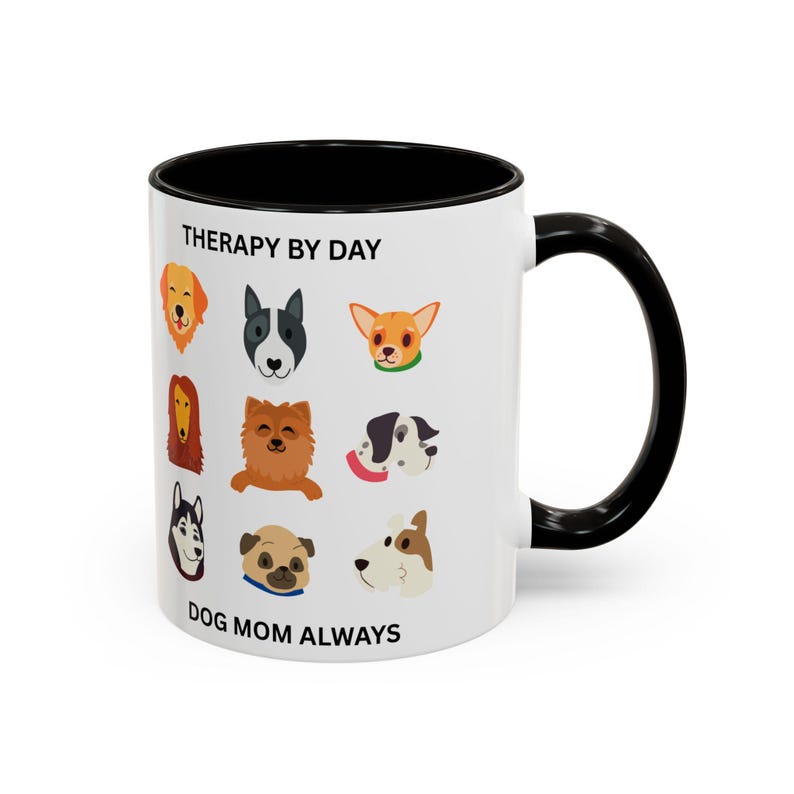 Caneca "Terapia Durante o Dia - Mãe de Cachorro Sempre" | Ilustrações de Rostos de Raças de Cães imagem 2