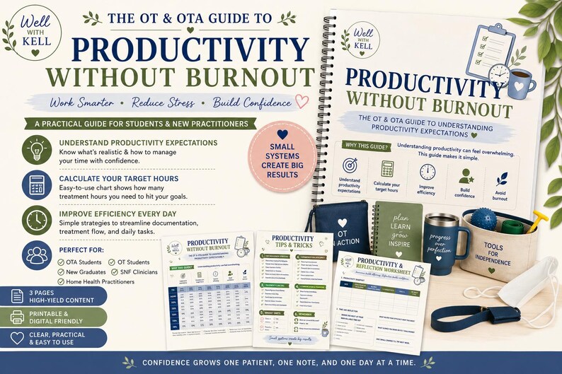 May include: A spiral-bound guide titled The OT & OTA Guide to Productivity Without Burnout, featuring printed worksheets, a navy blue mug, a small canvas storage bin with tools, a navy blue pouch, and a green notebook, all displayed on a flat surface.