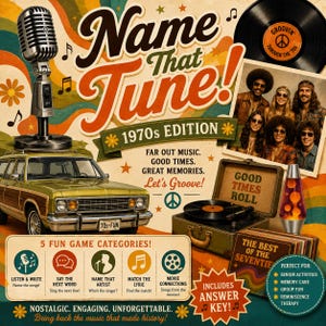 Op de afbeelding: Een Name That Tune 1970s Edition spelbord met een vintage microfoon, een groene stationwagen, een vinylplaat, een lavalamp en een draagbare platenspeler. De tekst bevat 5 Fun Game Categories, Answer Key en Let's Groove.