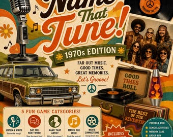 Könnte beinhalten: Ein Name That Tune 1970s Edition Spielbrett mit einem Vintage-Mikrofon, einem grünen Kombi, einer Schallplatte, einer Lavalampe und einem tragbaren Plattenspieler. Der Text enthält 5 Fun Game Categories, Answer Key und Let's Groove.