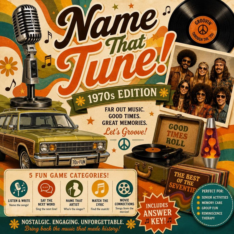 May include: A Name That Tune 1970s Edition game board featuring a vintage microphone, a green station wagon, a vinyl record, a lava lamp, and a portable record player. The text includes 5 Fun Game Categories, Answer Key, and Let's Groove.