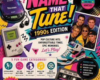 Könnte beinhalten: Spielschachtel Name That Tune! 1990s Edition mit einem violetten Sony Discman, einem grauen Nintendo Game Boy, einem High-Top-Sneaker und einer Kassette. Das Design enthält bunte geometrische Formen, Text und ein Foto von vier jungen Männern.