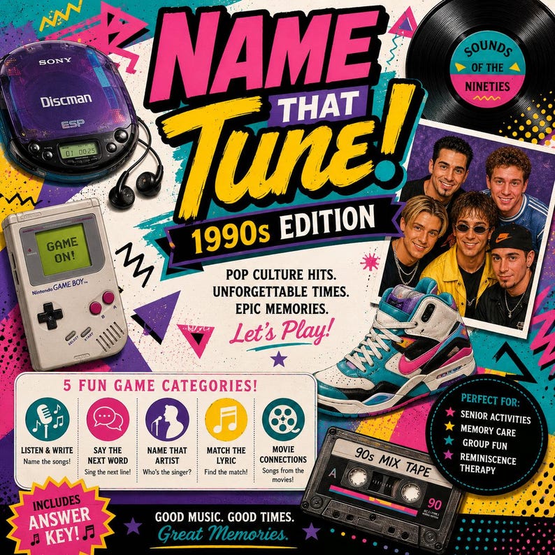 May include: Name That Tune! 1990s Edition board game box featuring a purple Sony Discman, a grey Nintendo Game Boy, a high-top sneaker, and a cassette tape. The design includes colourful geometric shapes, text, and a photo of four young men.