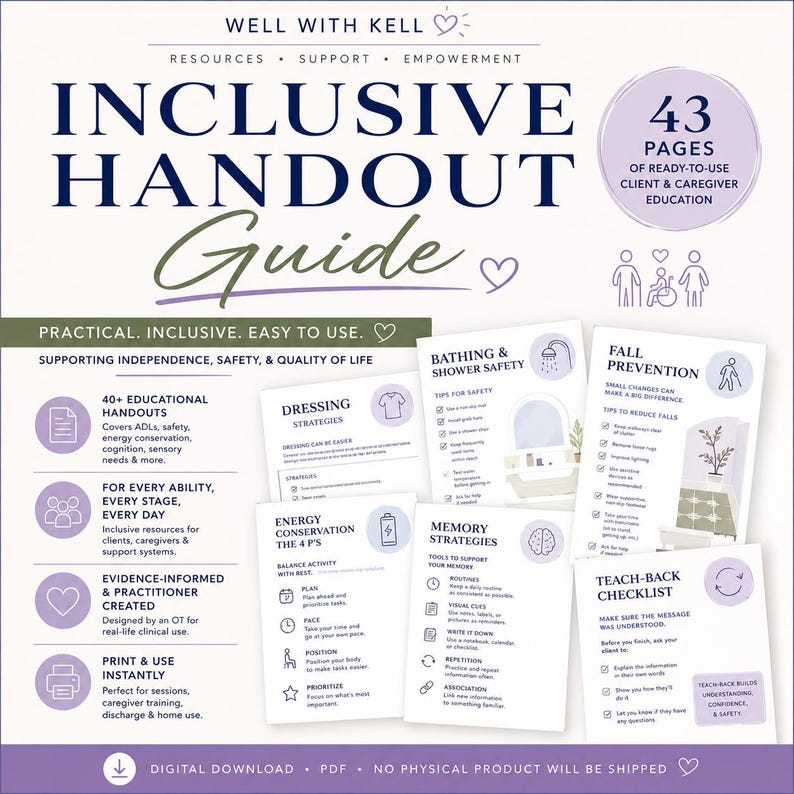May include: A digital educational guide titled Well With Kell Inclusive Handout Guide featuring 43 pages of ready-to-use client and caregiver resources. The document includes sections on dressing strategies, bathing safety, fall prevention, energy conservation, and memory strategies.