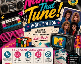 Könnte beinhalten: Ein Name That Tune 1980s Edition Spielbrett mit Ghettoblaster, Kassette, Shutter-Brille, Zauberwürfel, Schallplatte, Lavalampe und High-Top-Sneaker. Der Text lautet Name That Tune, 1980s Edition, Big Hair, Bigger Hits, The Best Memories, Let's Rock.