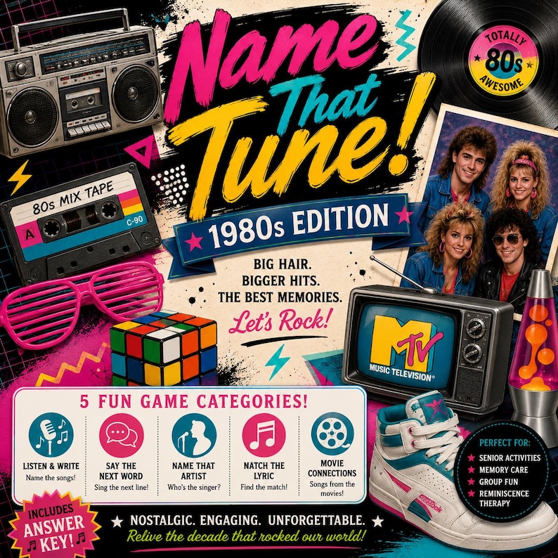K&ouml;nnte beinhalten: Ein Name That Tune 1980s Edition Spielbrett mit Ghettoblaster, Kassette, Shutter-Brille, Zauberw&uuml;rfel, Schallplatte, Lavalampe und High-Top-Sneaker. Der Text lautet Name That Tune, 1980s Edition, Big Hair, Bigger Hits, The Best Memories, Let's Rock.
