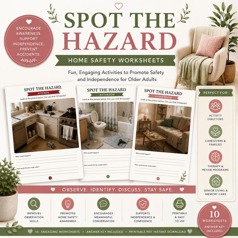 May include: A set of Spot the Hazard home safety worksheets featuring three activity pages with kitchen, bathroom, and living room scenes. The document includes text prompts for identifying safety risks, promoting awareness, and printable activity sheets.