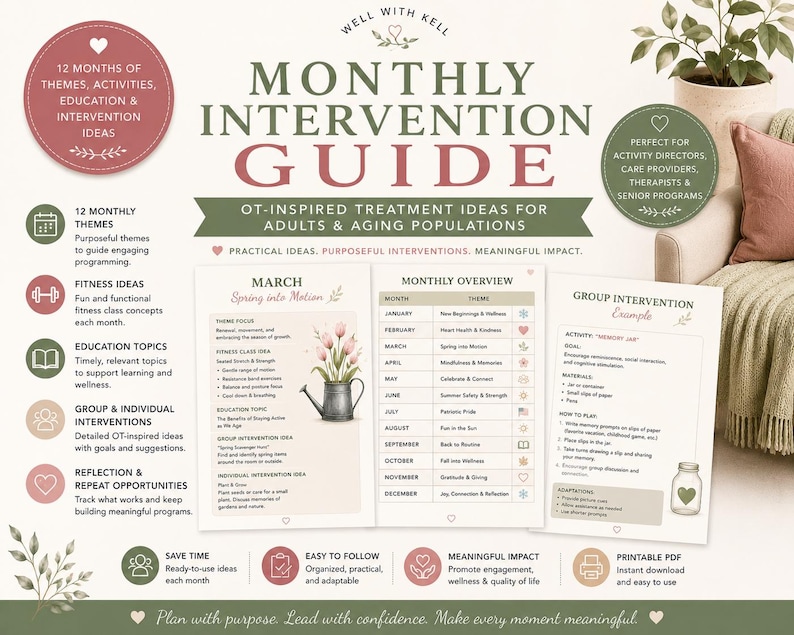 May include: A Monthly Intervention Guide by Well With Kell featuring OT-inspired treatment ideas for adults and ageing populations. The document includes 12 monthly themes, fitness ideas, education topics, group interventions, and reflection opportunities.