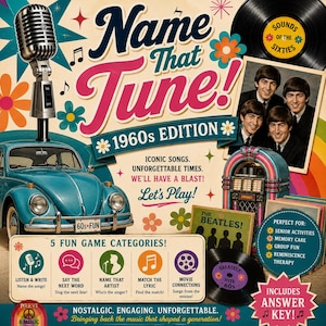 Könnte beinhalten: Name That Tune! 1960s Edition Spielbrett mit einem türkisfarbenen Oldtimer, einem silbernen Mikrofon, einer Jukebox und einem Bandfoto. Das Design enthält bunte Blumen, Schallplatten und Text, der fünf Spielkategorien und Anleitungen beschreibt.