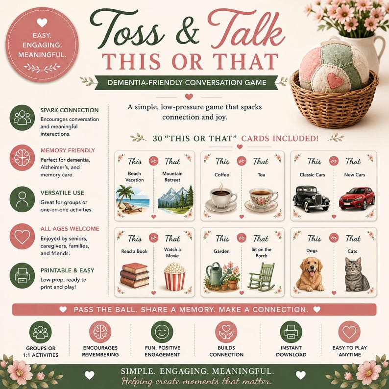 Puede incluir: Un juego de conversaci&oacute;n Toss & Talk This or That para personas con demencia, que incluye una pelota de tela en una cesta de mimbre y 30 tarjetas imprimibles. Las tarjetas muestran opciones ilustradas como playa o monta&ntilde;a, caf&eacute; o t&eacute;.