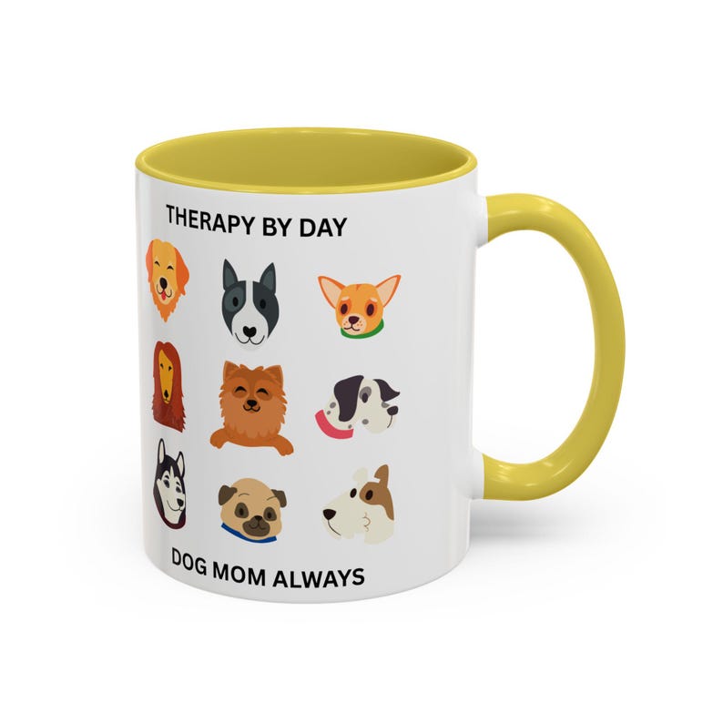 Caneca "Terapia Durante o Dia - Mãe de Cachorro Sempre" | Ilustrações de Rostos de Raças de Cães imagem 13