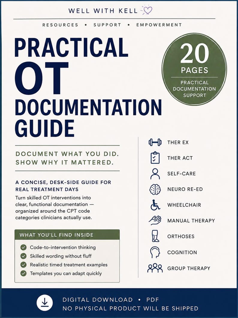 May include: A 20-page Practical OT Documentation Guide digital download. The document features dark blue text on a light background, listing categories like Ther Ex, Self-Care, and Cognition, with a focus on skilled intervention documentation.