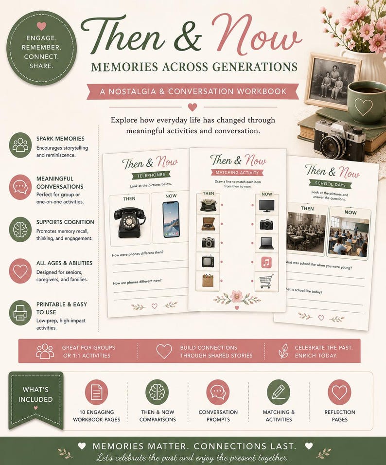 May include: A Then & Now Memories Across Generations workbook featuring conversation prompts, matching activities, and reflection pages. The layout includes sections on telephones, school days, and comparison exercises with vintage and modern imagery.