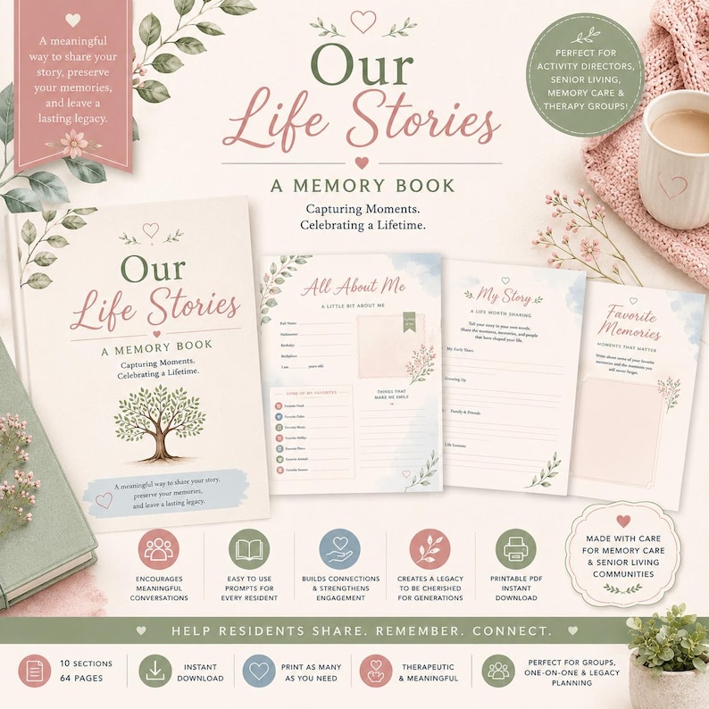 Op de afbeelding: Een herinneringsboek getiteld Our Life Stories met een boomillustratie, inclusief interne pagina's getiteld All About Me, My Story en Favorite Memories. De set bevat tekstprompts, decoratieve florale accenten en iconen voor PDF-downloads.