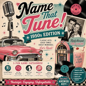 Könnte beinhalten: Eine Spieleverpackung Name That Tune! 1950s Edition mit einem Vintage-Mikrofon, einem rosa Oldtimer, einer Jukebox und einem Milchshake. Das Design enthält Texte wie Classic Hits, Good Times, Sweet Memories, Let's Rock und 5 Fun Game Categories.