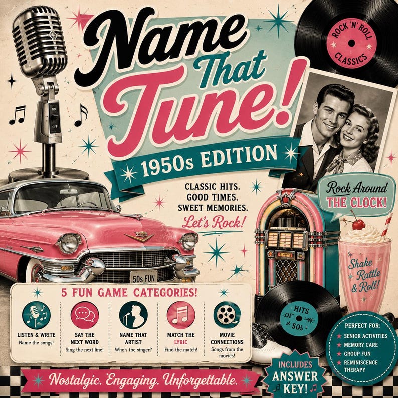 Op de afbeelding: Een Name That Tune! 1950s Edition speldoos met een vintage microfoon, een roze klassieke auto, een jukebox en een milkshake. Het ontwerp bevat teksten zoals Classic Hits, Good Times, Sweet Memories, Let's Rock en 5 Fun Game Categories.