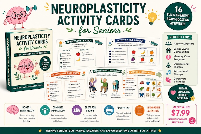 Pu&ograve; includere: Un set di 16 carte attivit&agrave; di neuroplasticit&agrave; per anziani che include una scatola con un personaggio cervello a cartone animato, cinque schede di istruzioni e testo informativo sui benefici cognitivi e il formato stampabile.