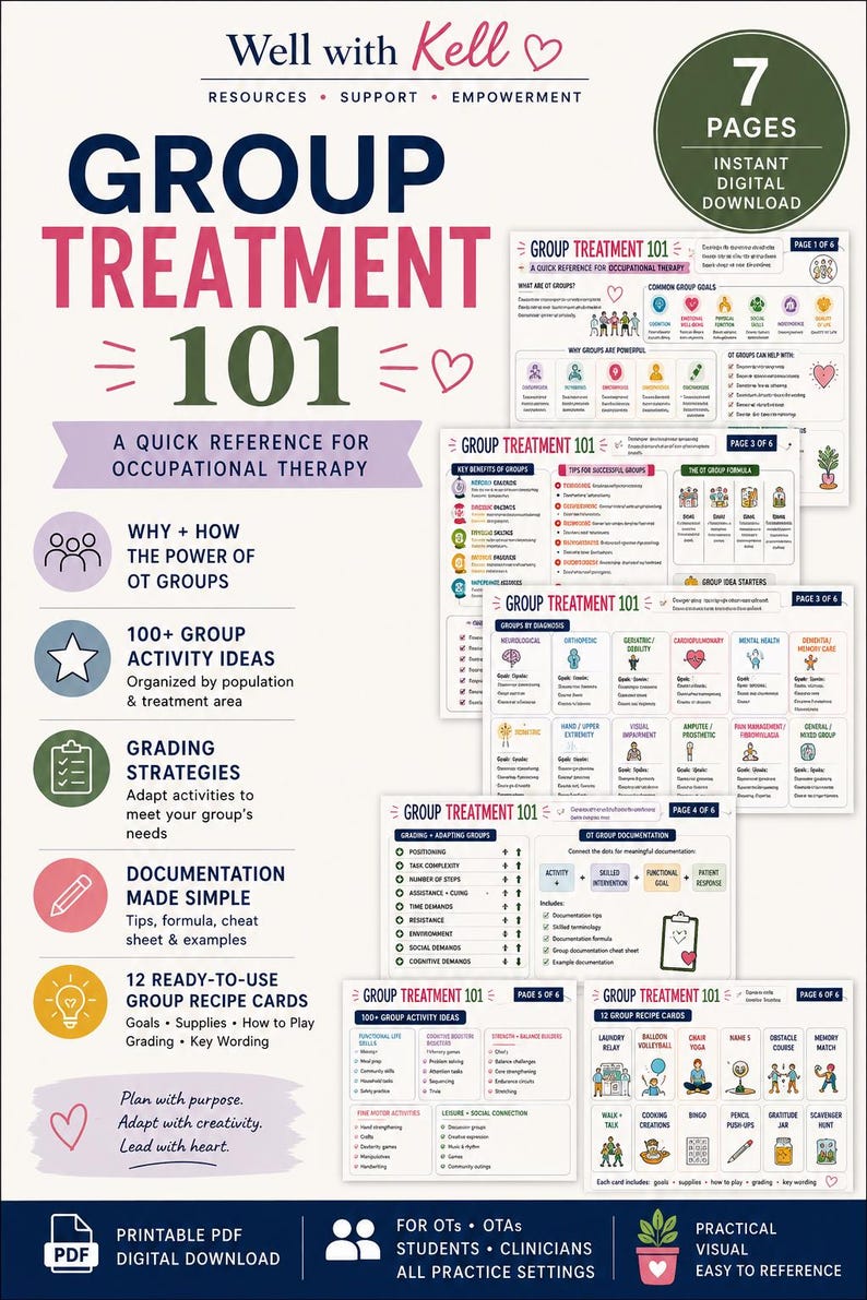 Pu&ograve; includere: Un download digitale di sette pagine intitolato Group Treatment 101: A Quick Reference for Occupational Therapy. Il documento include sezioni su idee per attivit&agrave; di gruppo, strategie di valutazione, suggerimenti per la documentazione e dodici schede.