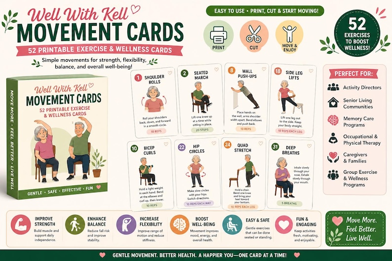 May include: Well With Kell Movement Cards set featuring 52 printable exercise and wellness cards. The box and cards display illustrations of people performing movements like shoulder rolls, seated marches, wall push-ups, and bicep curls.