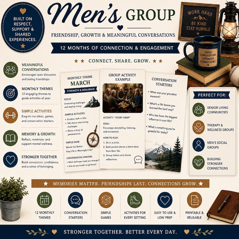 May include: An informational flyer for a Men's Group program featuring text about friendship, growth, and meaningful conversations. It includes sections on monthly themes, group activity examples, conversation starters, and target settings.