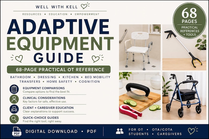 Op de afbeelding: Een 68-pagina tellende digitale PDF-gids genaamd Well With Kell Adaptive Equipment Guide. De omslag bevat tekst en afbeeldingen van een witte douchestoel, een grijphulp, een wiegmes, een potopener en een blauwe rollator voor mobiliteit.
