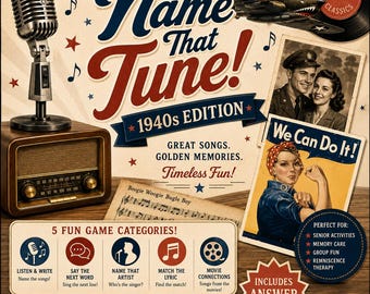 Könnte beinhalten: Eine Spielebox Name That Tune! 1940s Edition mit einem Vintage-Mikrofon, einem Radio, einem Kampfflugzeug, einer Schallplatte und einem We Can Do It!-Poster. Das Design enthält Noten, Sterne, Notenblätter und fünf Spielkategorien mit Text.