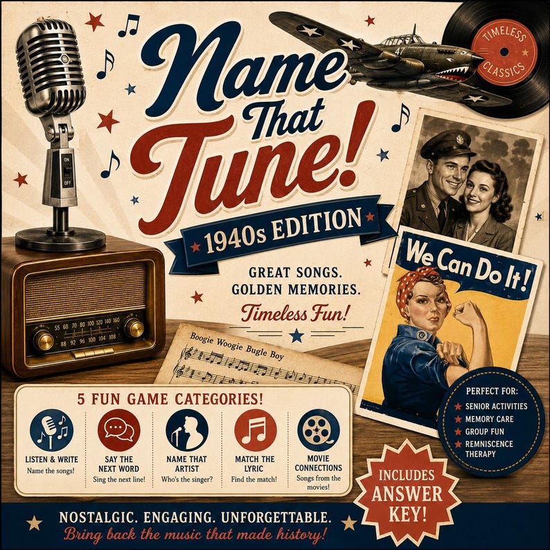 May include: A Name That Tune! 1940s Edition game box featuring a vintage microphone, a radio, a fighter plane, a vinyl record, and a We Can Do It! poster. The design includes musical notes, stars, sheet music, and five game categories with text.