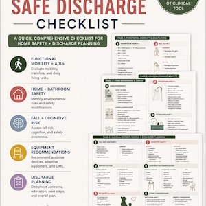 以下が含まれることがあります： Well With Kellによる3ページの印刷可能なPDF臨床ツール「Home Safety + Safe Discharge Checklist」。このドキュメントには、機能的モビリティ、ADL、家庭および浴室の安全性、転倒および認知リスク、退院計画に関するセクションが含まれています。