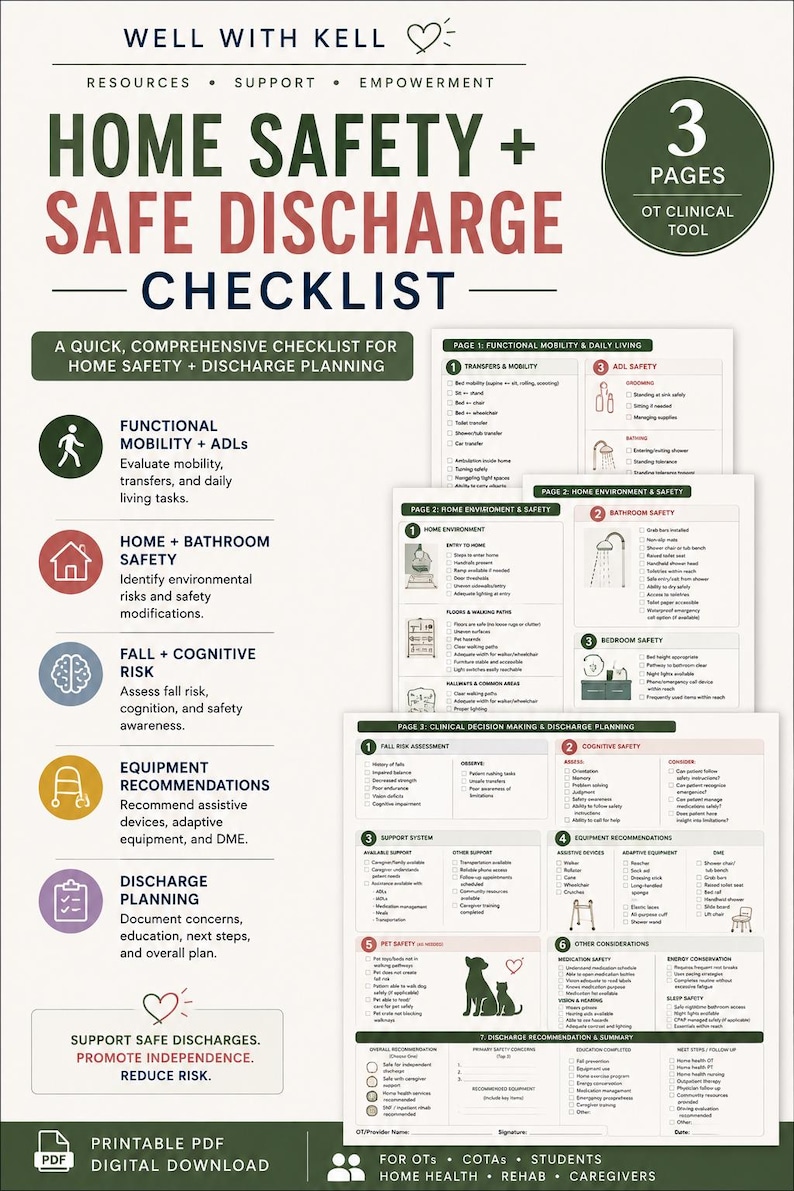 Pu&ograve; includere: Uno strumento clinico in PDF stampabile di tre pagine intitolato Home Safety + Safe Discharge Checklist di Well With Kell. Il documento presenta sezioni su mobilit&agrave; funzionale, ADL, sicurezza domestica e in bagno, rischio cognitivo e dimissioni.