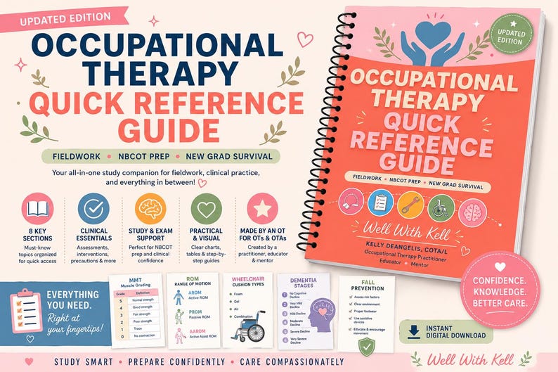May include: A spiral-bound Occupational Therapy Quick Reference Guide with a coral cover, featuring text, icons, and a heart graphic. The guide includes sections on fieldwork, NBCOT prep, and clinical practice, with additional reference cards displayed below.