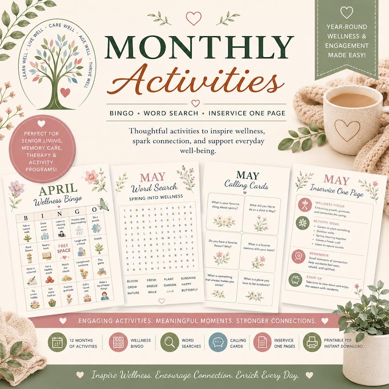 Pu&ograve; includere: Una raccolta di fogli di attivit&agrave; stampabili intitolati Monthly Activities, tra cui April Wellness Bingo, May Word Search, May Calling Cards e May Inservice One Page. I documenti presentano illustrazioni floreali e testo.