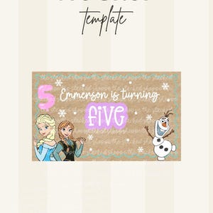 May include: A mockup template with the text "MOCKUP Template" at the top. The design features the text "Emmerson is turning five" with illustrations of Elsa, Anna, and Olaf from the movie Frozen. The background is a light brown color.
