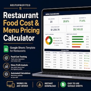 May include: A laptop screen displays a restaurant food cost and menu pricing calculator. The interface shows data on recipes, food costs, and profit margins. The calculator is a Google Sheets template for restaurants, offering food cost tracking and menu profit analysis.