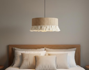 Woven Beige Pendant Light Fixture Natural Fiber Shade Boho Minimalist Home Decor Dining Room