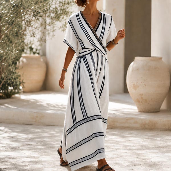 Modest Maxi Dress, Flowy Summer Dress Linen, V Neck Boho Beachwear Dress, Ibiza Photo Shoot Elegant Sundress