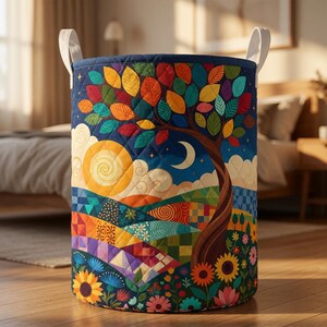 Quilted Tree Laundry Basket, Patchwork Sun Moon Hamper, Floral Landscape Storage Bin